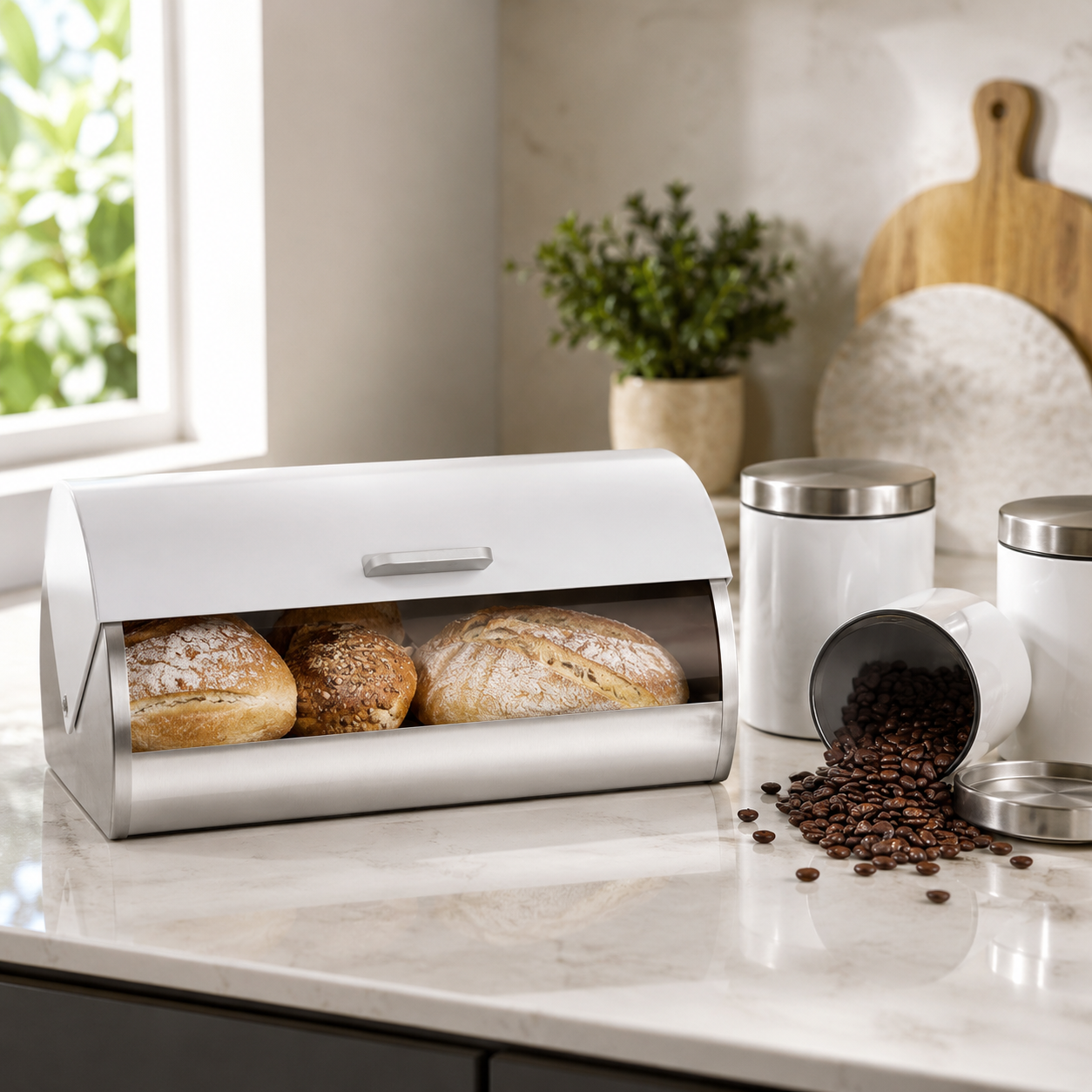 Premium Roll Top Bread Bin with Tea, Coffee & Sugar Canisters Set