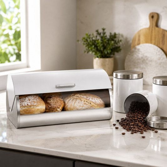 Premium Roll Top Bread Bin with Tea, Coffee & Sugar Canisters Set