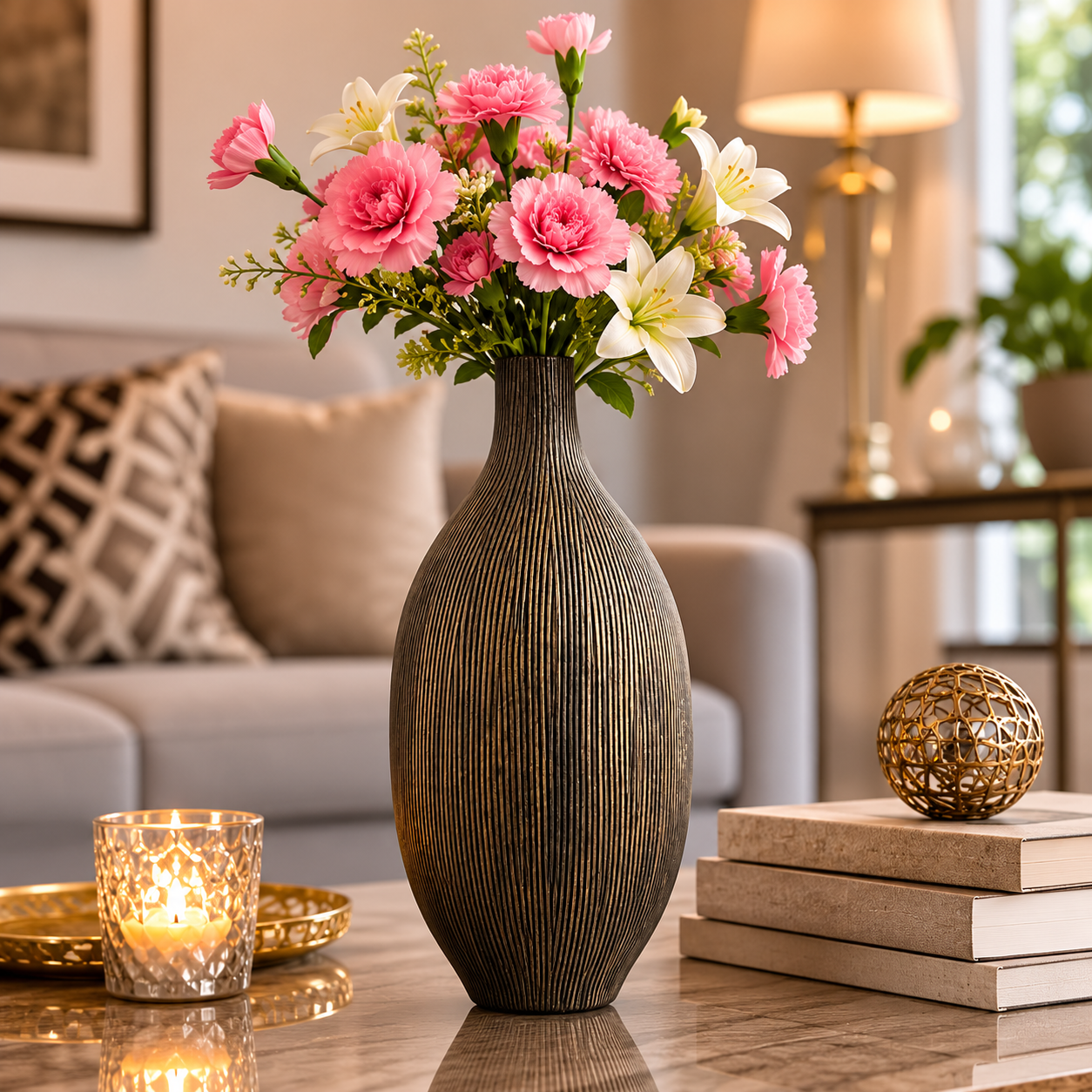Black Ribbed Decorative Flower Vase 20–25cm – Modern Textured Tall Vase for Artificial Flowers