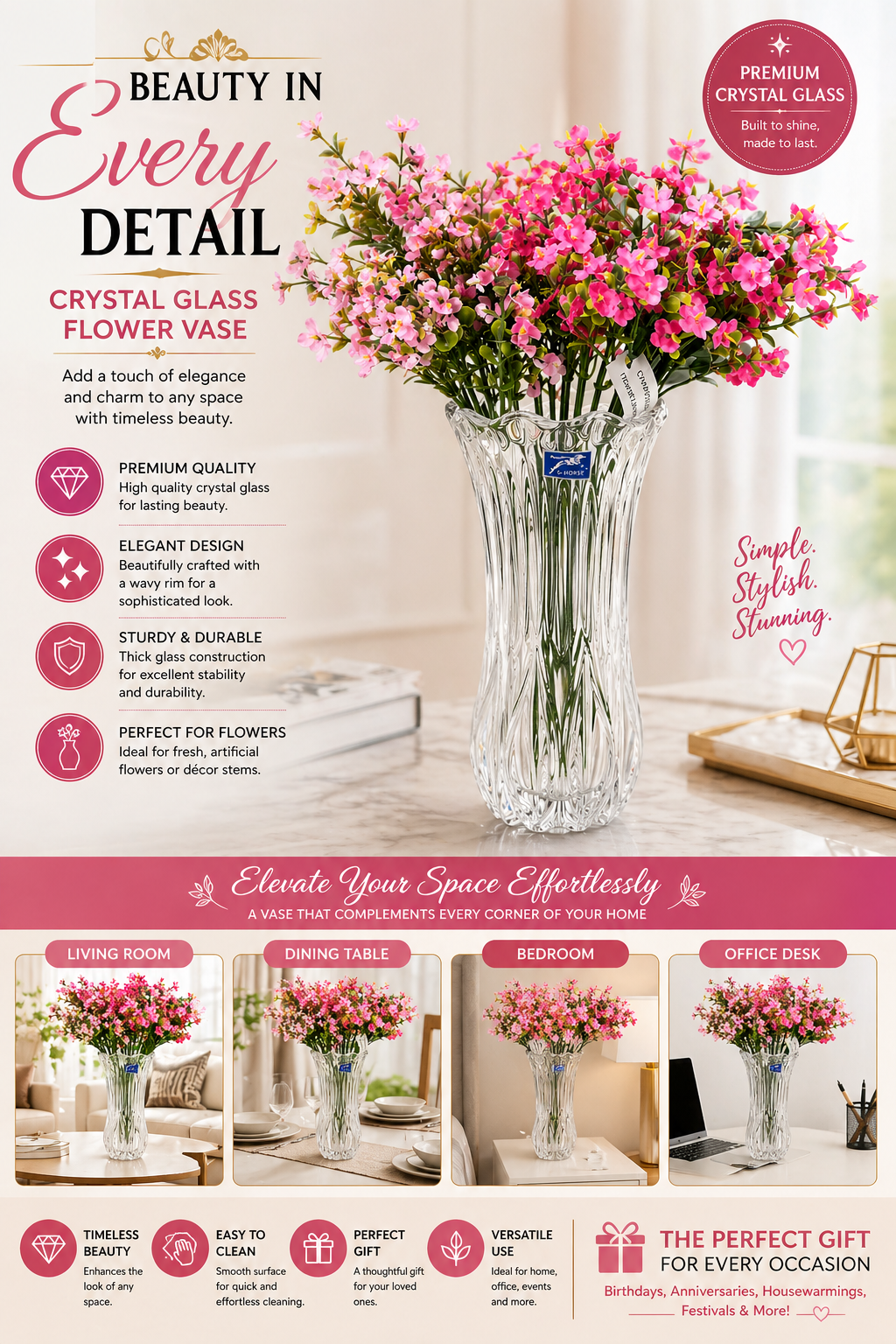 Crystal Clear Glass Flower Vase- Light weight decorative vase