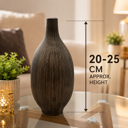 Black Ribbed Decorative Flower Vase 20–25cm – Modern Textured Tall Vase for Artificial Flowers