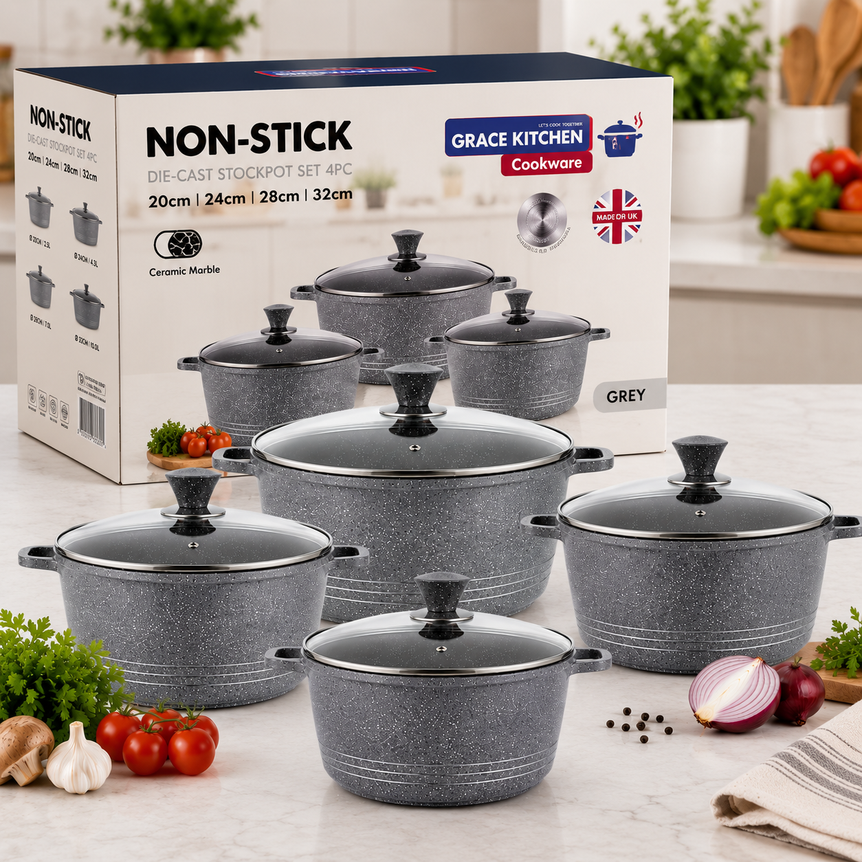 Non-Stick Die-Cast Stockpot Cookware 4Pc Set with Glass Lids
