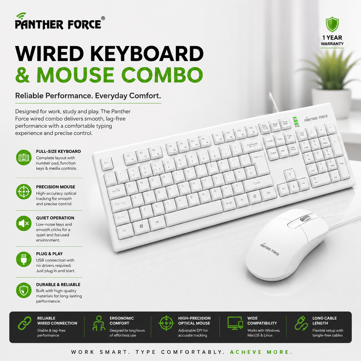 USB Wired Keyboard Mouse Set White Keyboard PF290