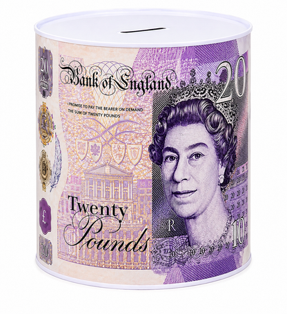 Money Tin Savings Bank – Metal Coin Box with Printed Banknote Designs, Available in 4 Sizes (Small, Medium, Large, Extra Large)