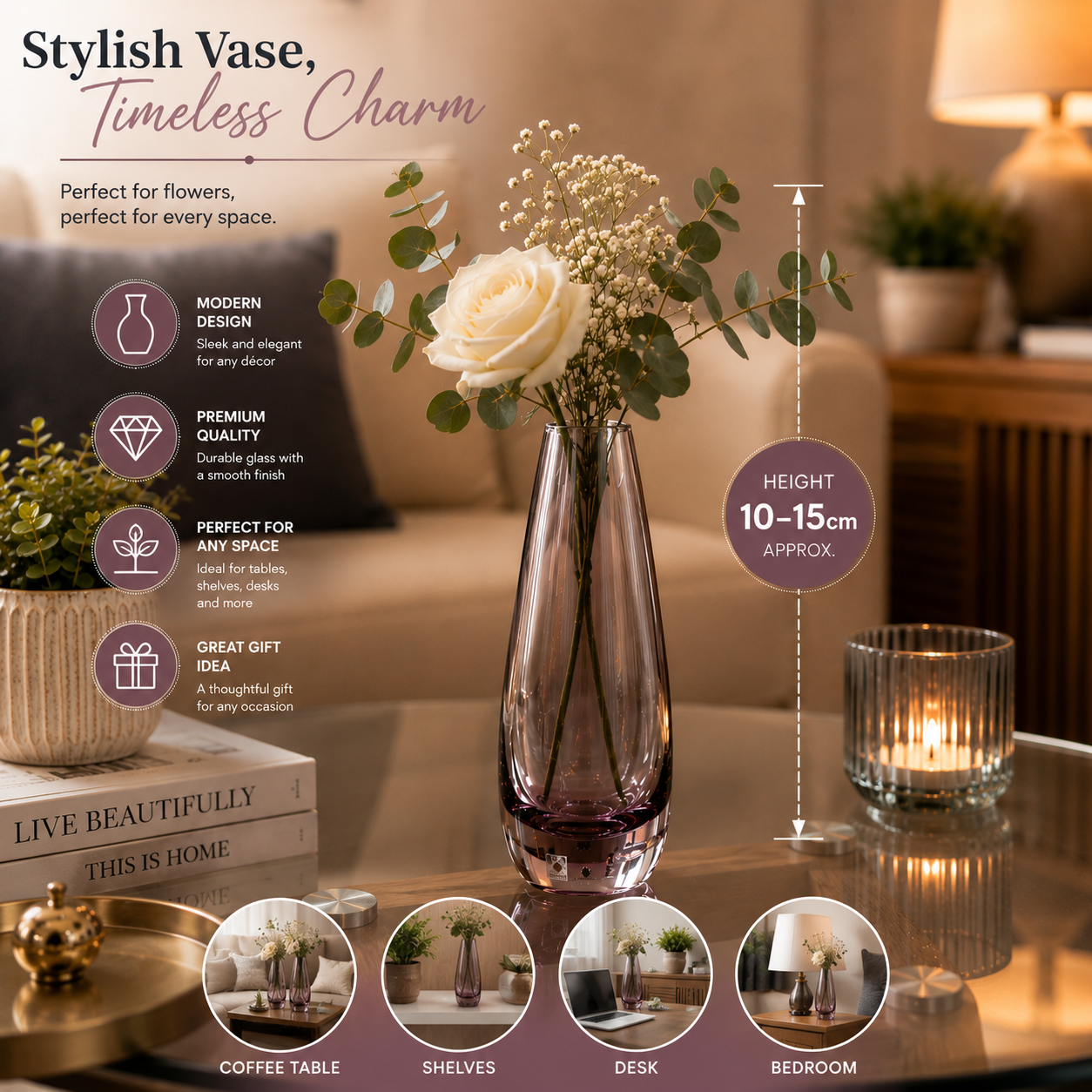 Pink-Tinted Clear Glass Vase 10–15cm