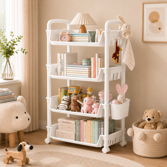 Multi-Function Mobile Storage Rack with Side Basket & Hooks with Wheels