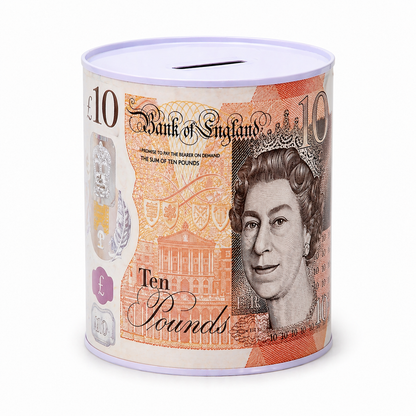 Money Tin Savings Bank – Metal Coin Box with Printed Banknote Designs, Available in 4 Sizes (Small, Medium, Large, Extra Large)