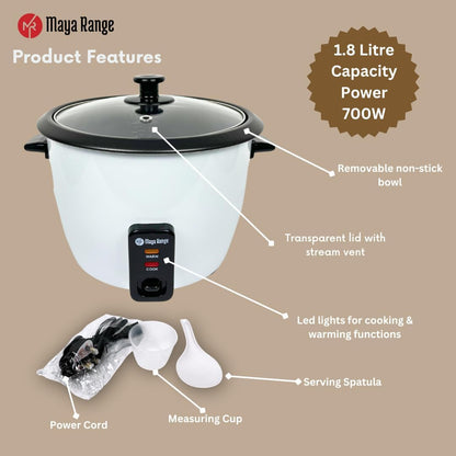 Maya Range Electric Rice Cooker & Steamer - 1.8L (10 Cups)