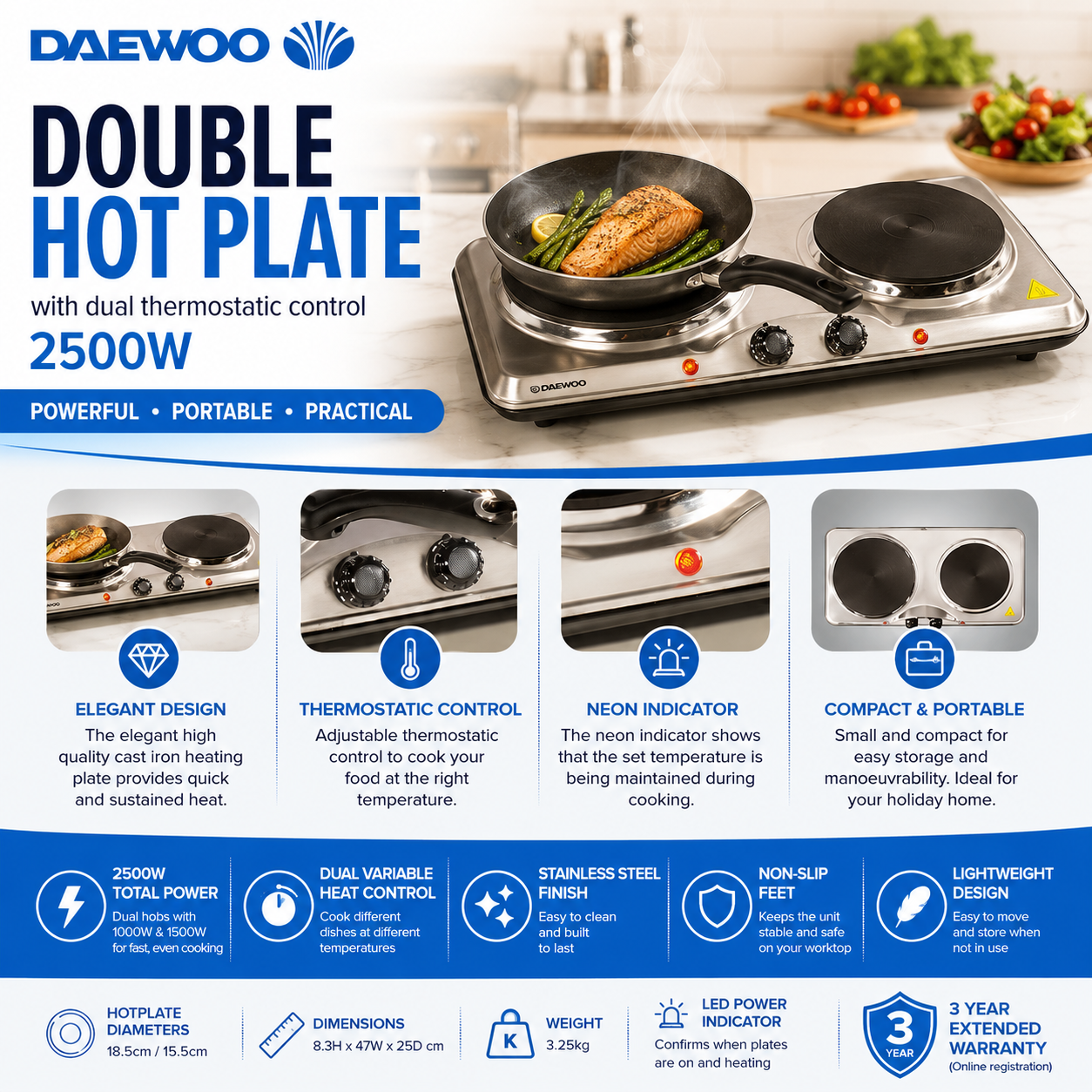 Daewoo Double Hot Plate – 2500W Portable Electric Hob