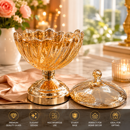Luxury Amber Crystal Candy Jar with Lid & Gold Pedestal Base
