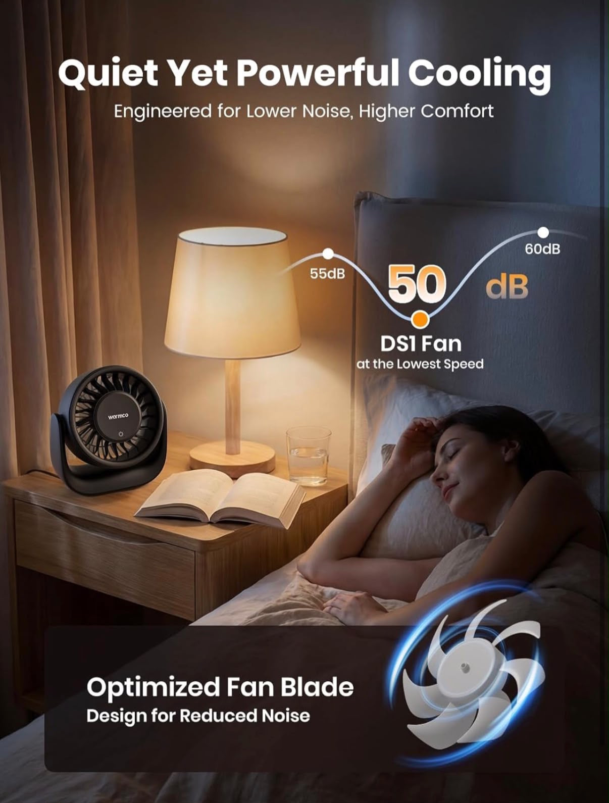 Warmco DS1 USB Desk Fan 6.4in 3 Speed Touch Control