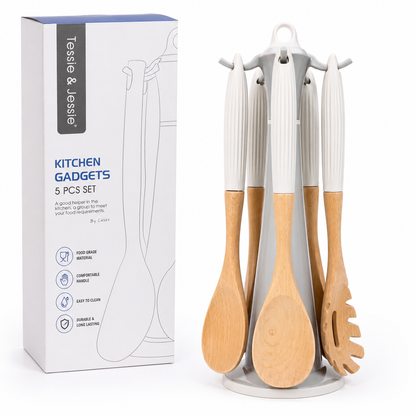 Bamboo Utensil Set 5PCS- with Rotating Stand Holder