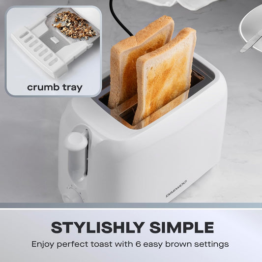 Daewoo 2 Slice Toaster – 700W Compact White Toaster