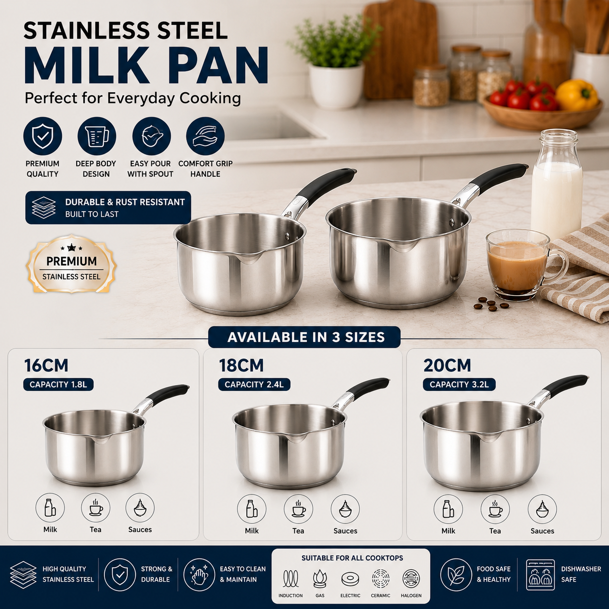 Premium Stainless Steel Milk Pan 16cm,18cm and 20cm