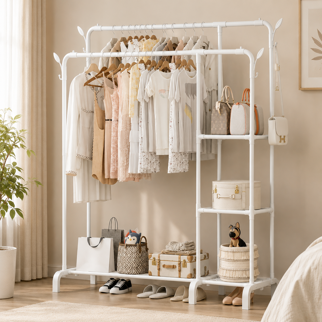 Heavy Duty Double Rail Clothes Rack with Shelves – 60KG Freestanding