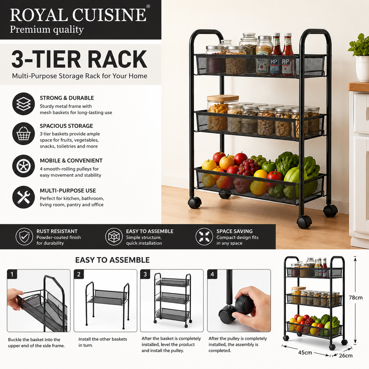Royal Cuisine 3 Tier Storage Rack with Wheels
