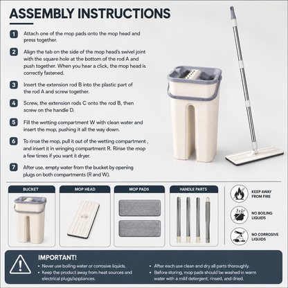 Flat Mop & Bucket  5L with 2 MicroFibre Mop Heads