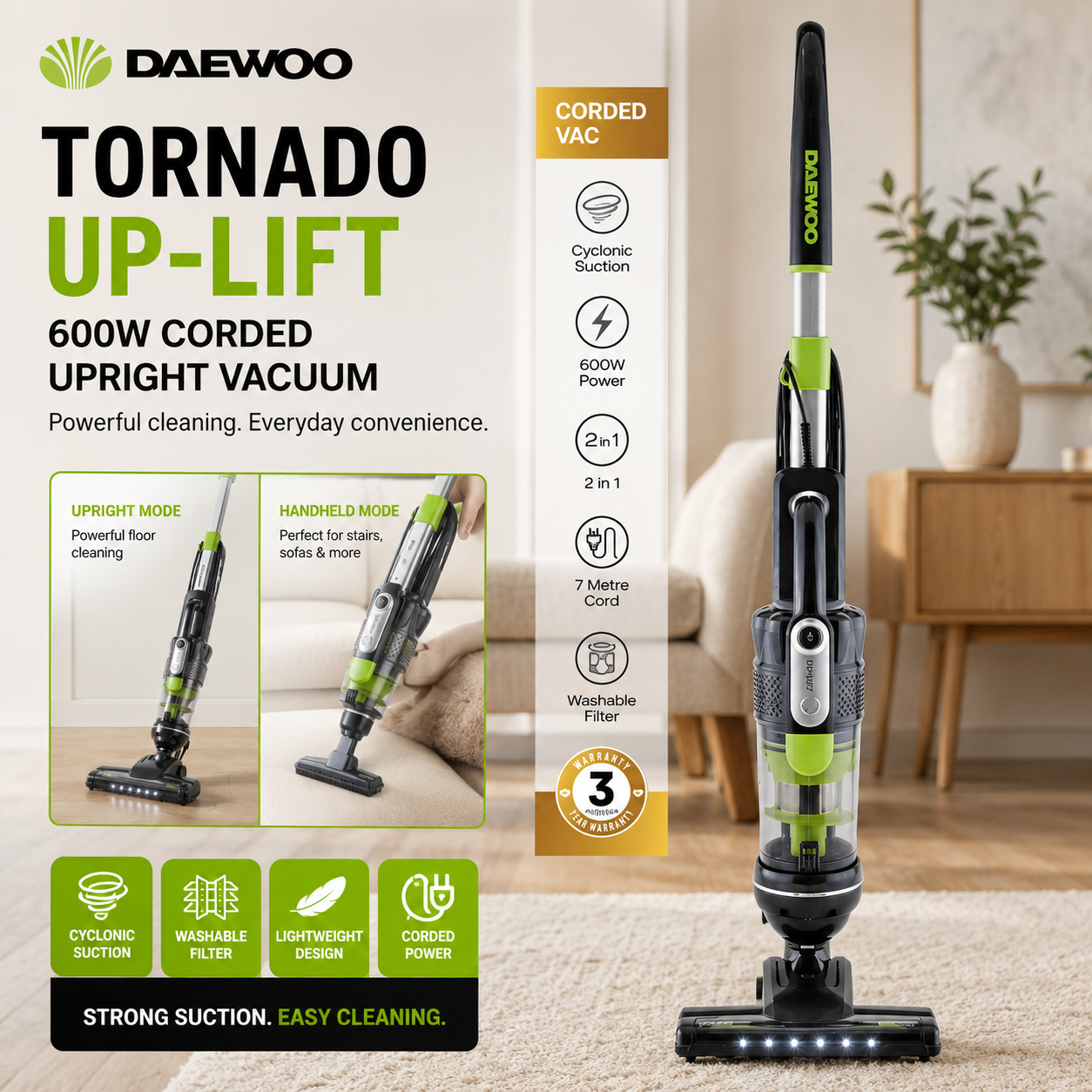 Daewoo Tornado 600W 2-in-1 Up-Lift Upright Corded Vacuum Cleaner