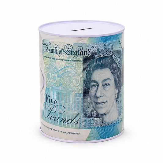 Money Tin Savings Bank – Metal Coin Box with Printed Banknote Designs, Available in 4 Sizes (Small, Medium, Large, Extra Large)