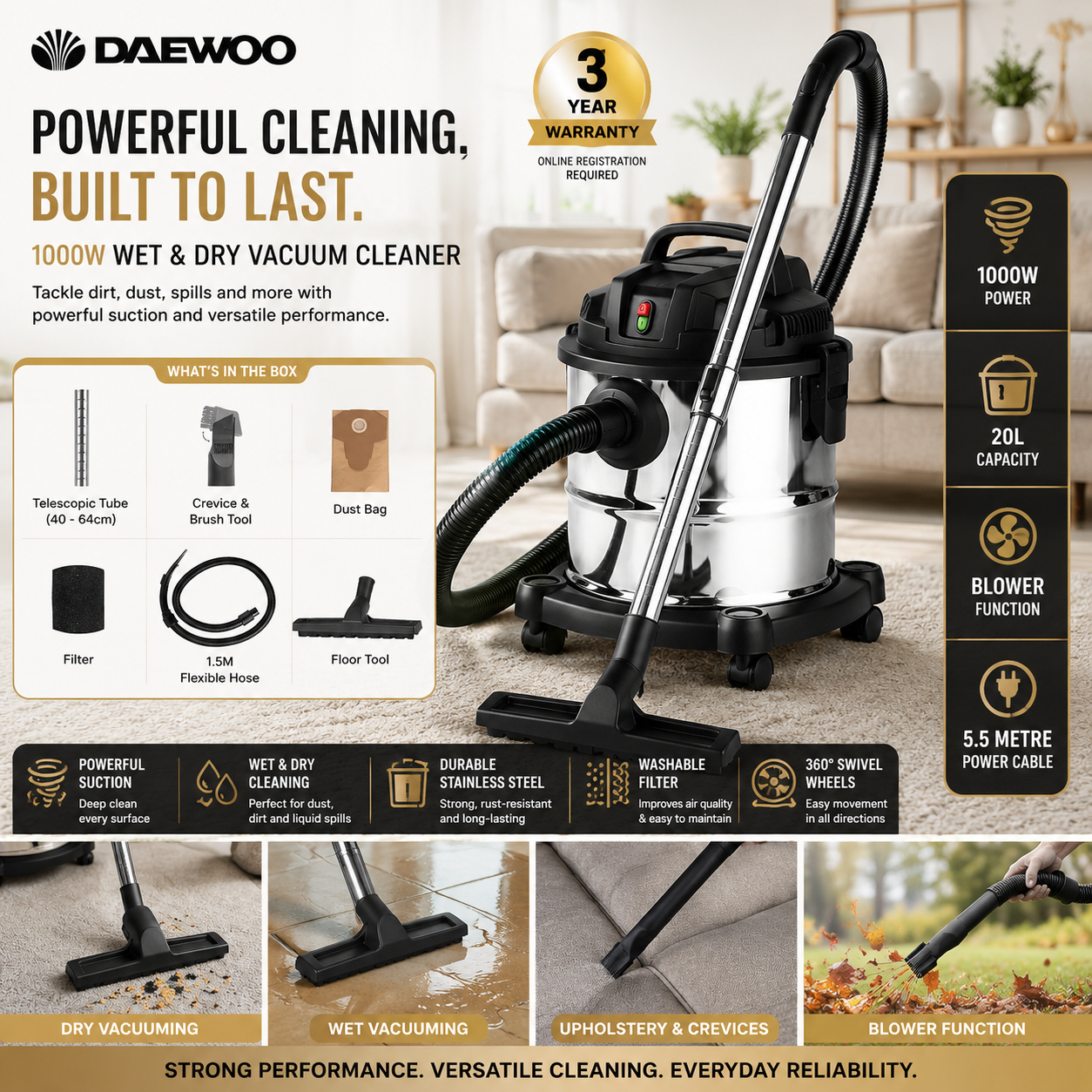 Daewoo 1000W Wet & Dry Vacuum Cleaner 20L