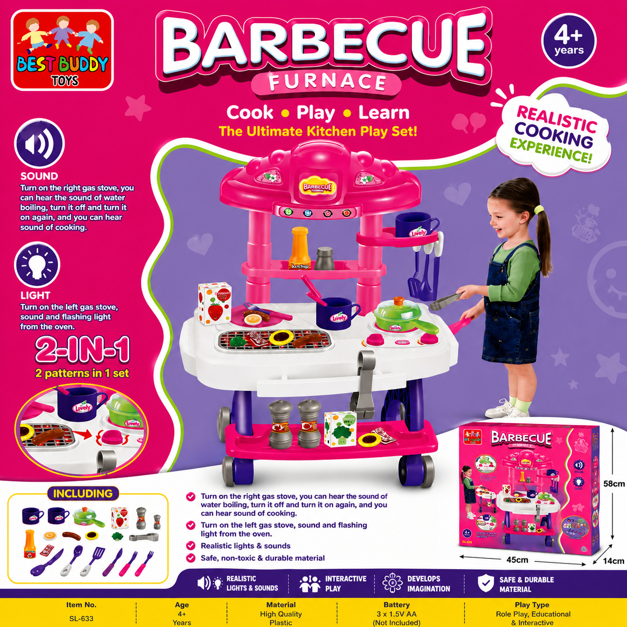 BBQ Kitchen Playset with Sound & Lights – Pretend Cooking Toy Set
