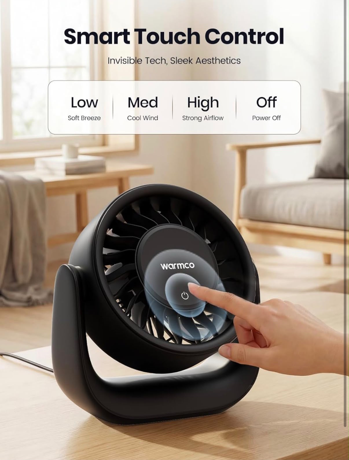 Warmco DS1 USB Desk Fan 6.4in 3 Speed Touch Control