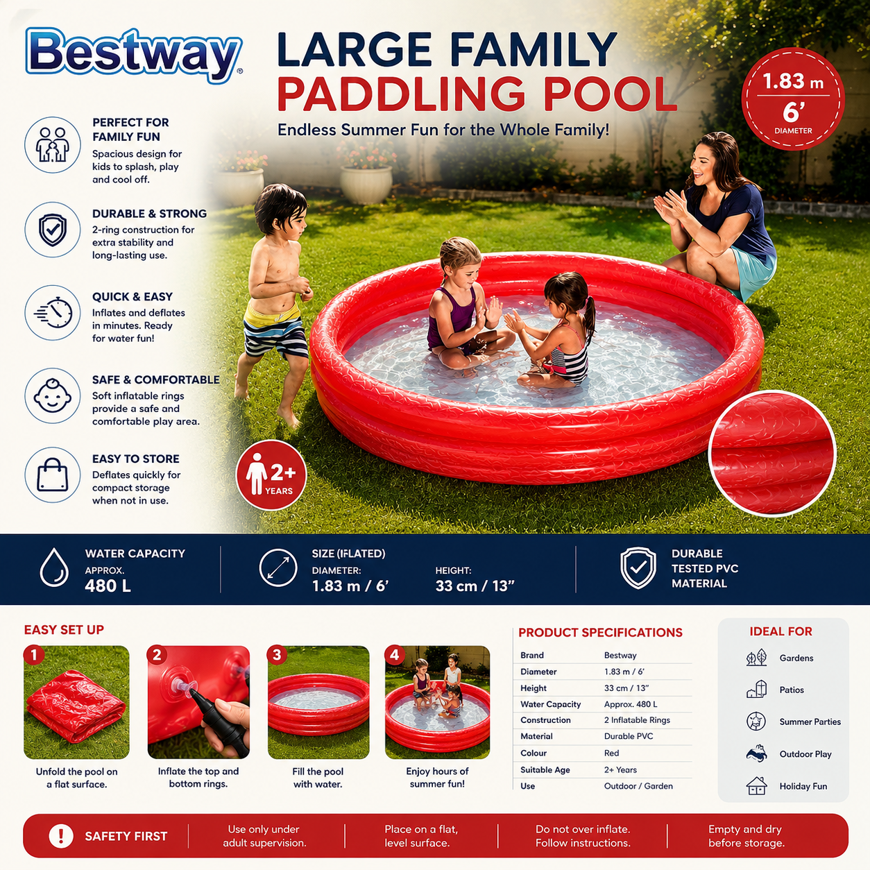 Inflatable Family Paddling Pool 183cm 6ft for kids