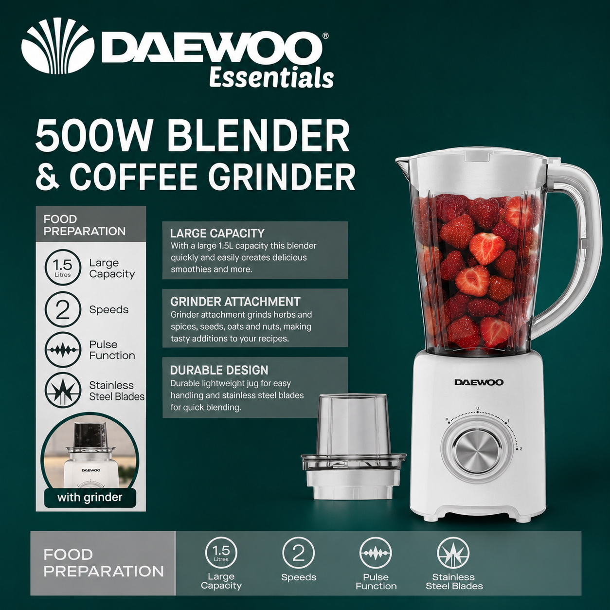 Daewoo 2 in 1 Jug Blender & Grinder 1.5L  500W