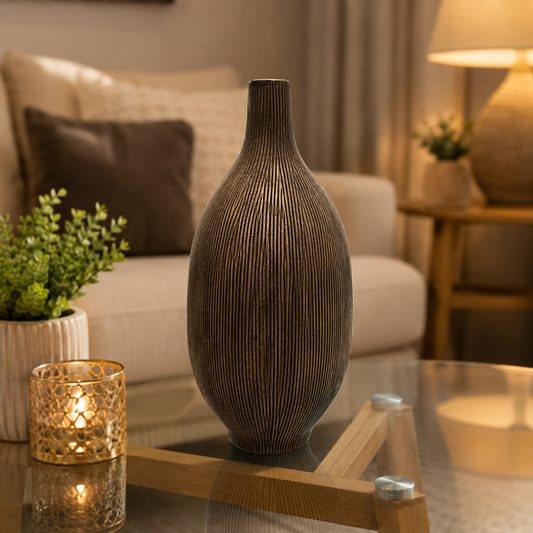 Black Ribbed Decorative Flower Vase 20–25cm – Modern Textured Tall Vase for Artificial Flowers