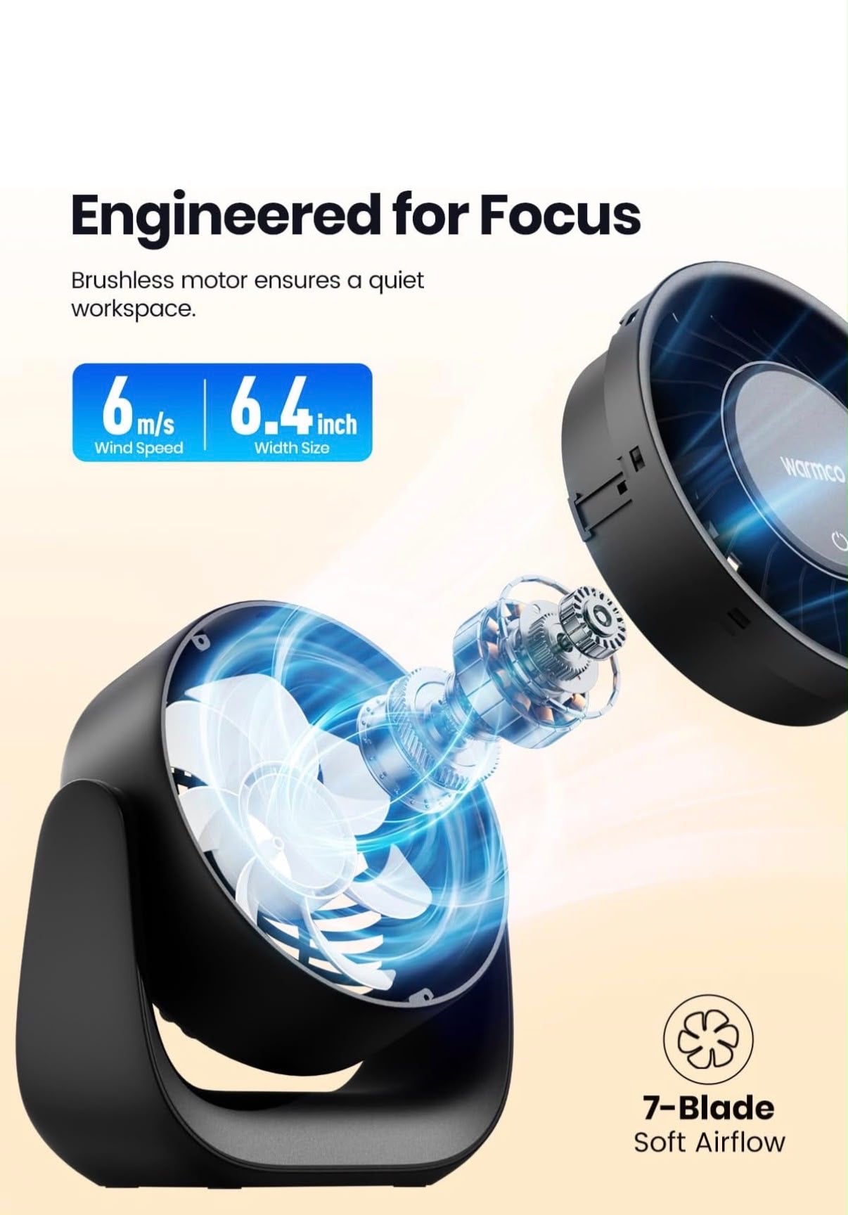Warmco DS1 USB Desk Fan 6.4in 3 Speed Touch Control