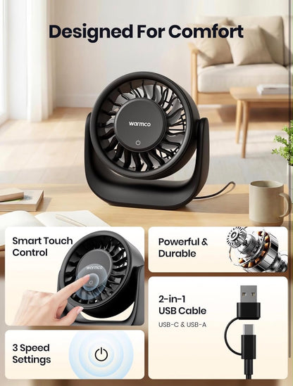 Warmco DS1 USB Desk Fan 6.4in 3 Speed Touch Control