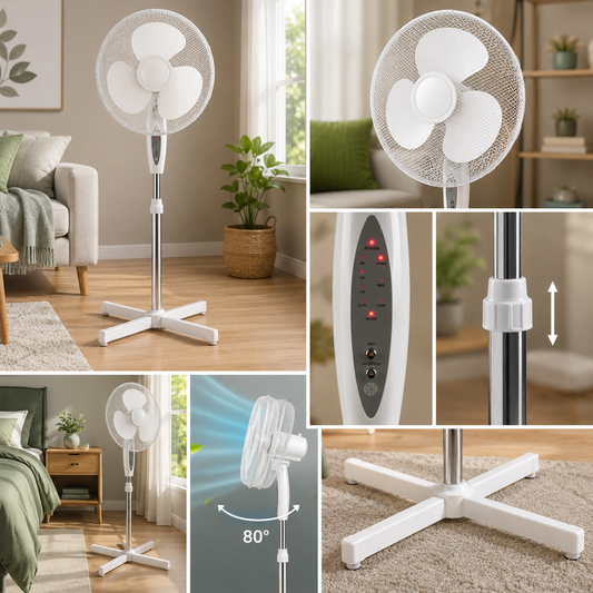 16” Pedestal Stand Fan Remote Control Timer 3 Speed Oscillating Adjustable White