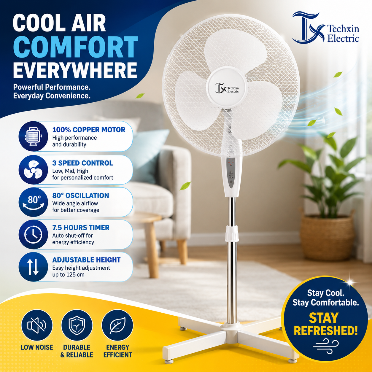 16” Pedestal Stand Fan Remote Control Timer 3 Speed Oscillating Adjustable White