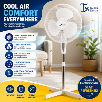 16” Pedestal Stand Fan Remote Control Timer 3 Speed Oscillating Adjustable White