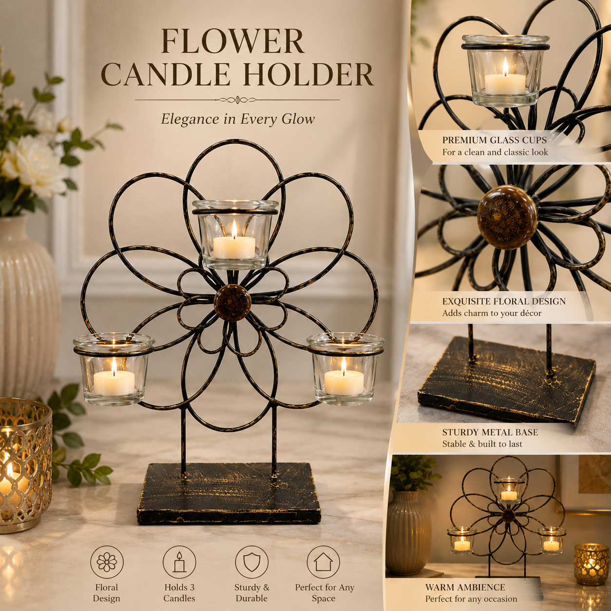 3 Cup Flower Tealight Candle Holders 20-25cm approx