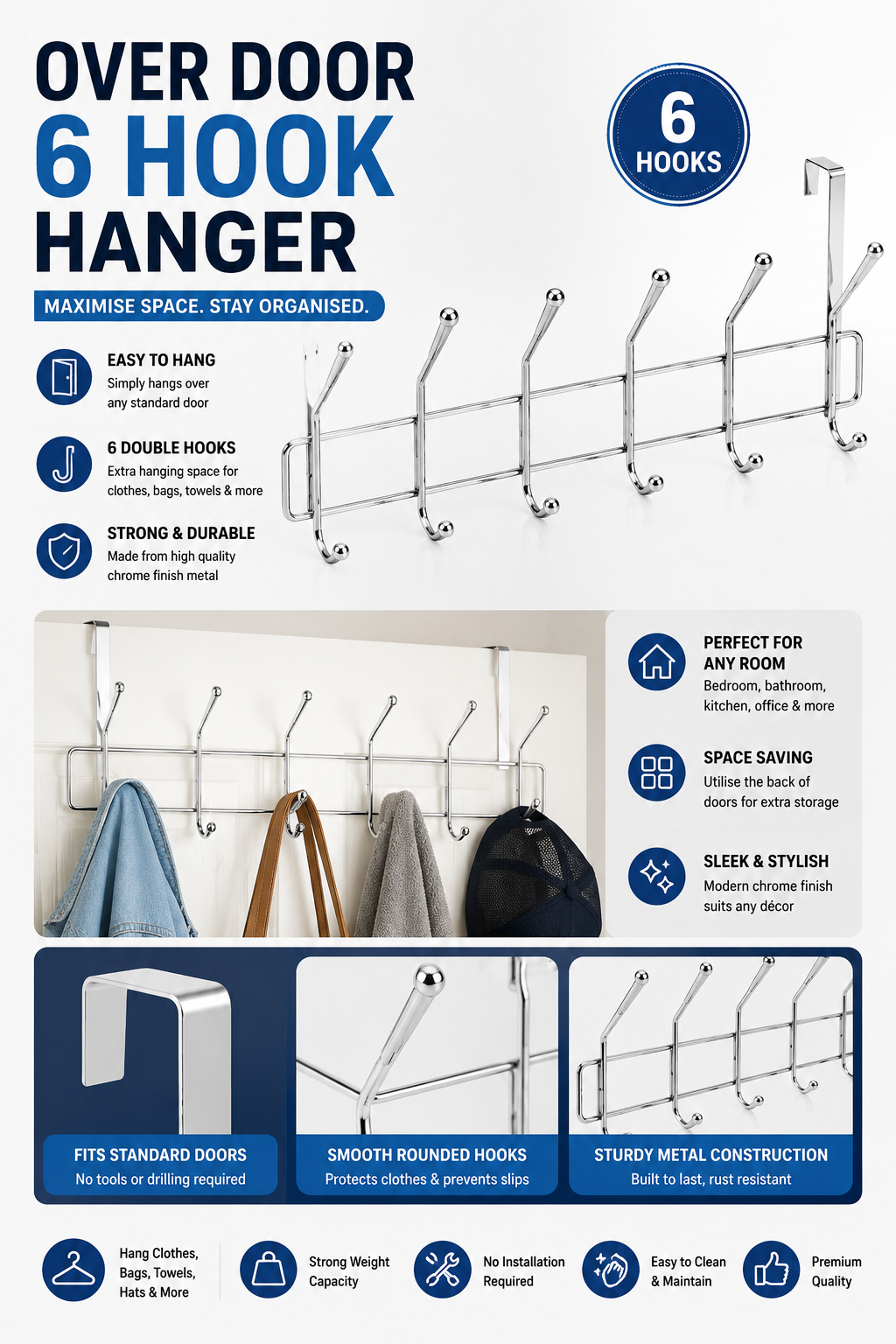 Stainless Steel Hook Over Door Hanger Rack