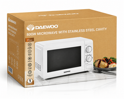 Daewoo 20L White Manual 800W Microwave with Stainless Steel Cavity SKU: SDA2075GE