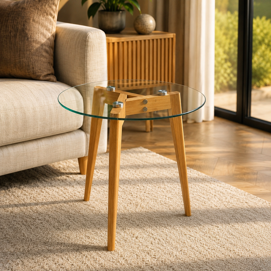 Modern Round Glass Side Table 40cm | 45cm Oak Effect