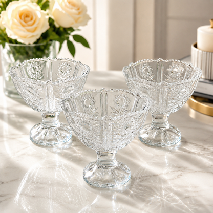 Set of 3 Crystal Glass Ice Cream Bowls Dessert Sundae Cups