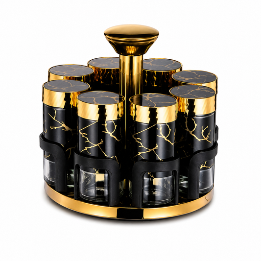 Rotating Spice Carousel Set 360° – 12 Jar Glass Spice Rack with Stand, Black & Gold Marble Design