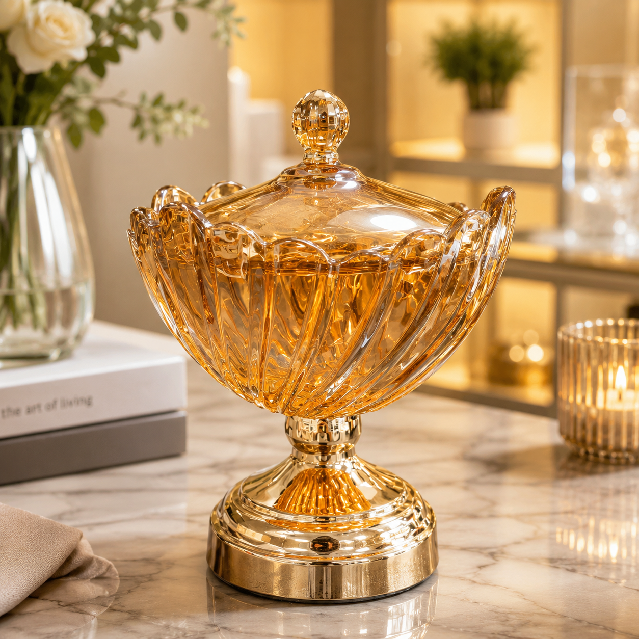 Luxury Amber Crystal Candy Jar with Lid & Gold Pedestal Base