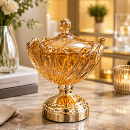 Luxury Amber Crystal Candy Jar with Lid & Gold Pedestal Base