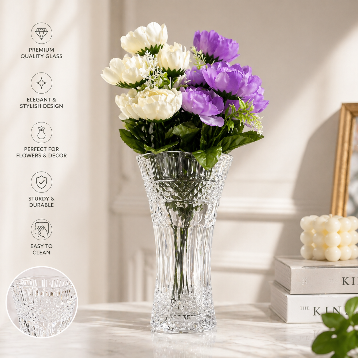 Crystal Clear Glass Flower Vase – Elegant Cut Design Decorative Vase