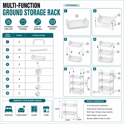 Multi-Function Mobile Storage Rack with Side Basket & Hooks with Wheels