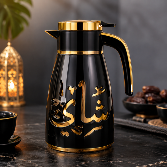Premium 1L Arabic Coffee Flask-Double Wall Hot & Cold Serving Pot with Elegant Black & Gold Design