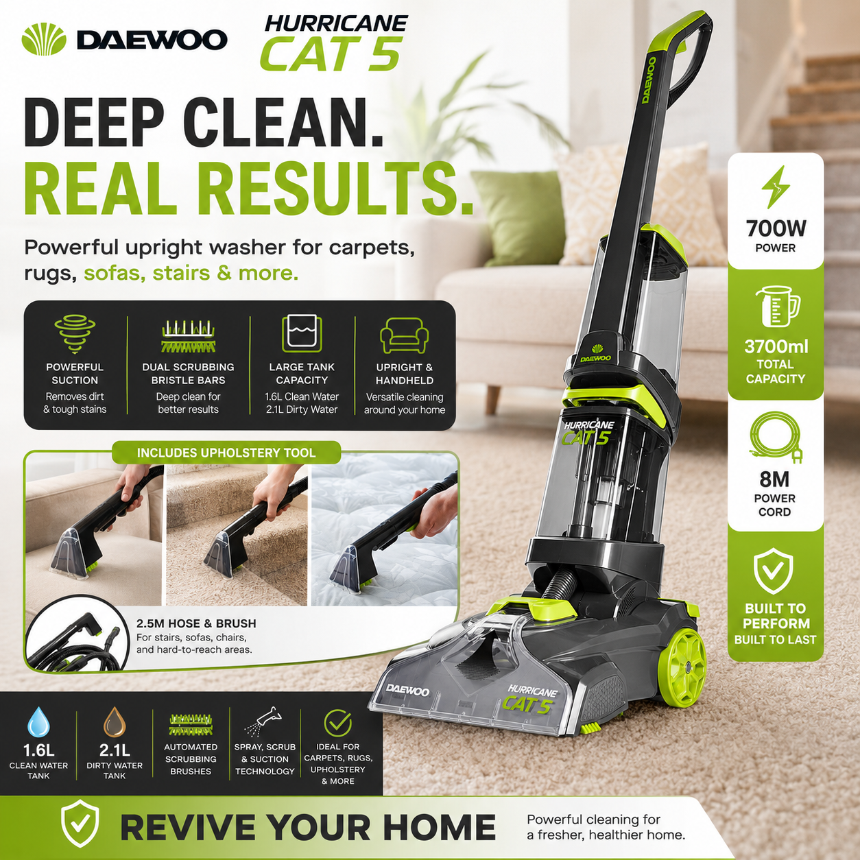Daewoo Hurricane Cat 5 Upright Carpet Cleaner Washer – 800W