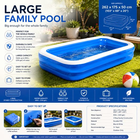 Large Family Inflatable Swimming Pool 262x175x50cm
