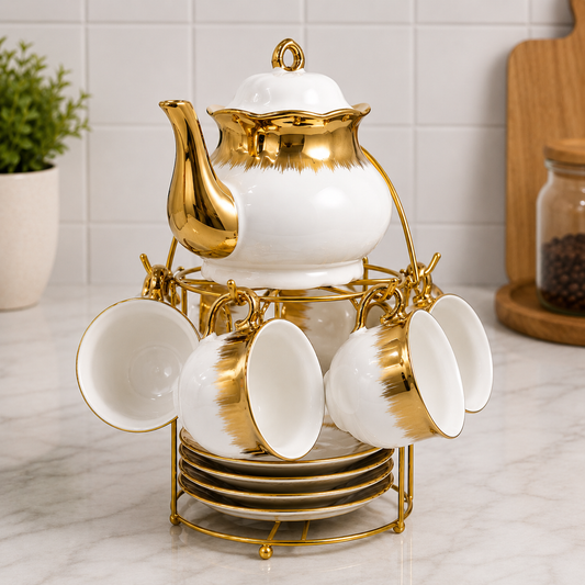Luxury 6 Cup Ceramic Tea Set with Gold Finish & Metal Stand