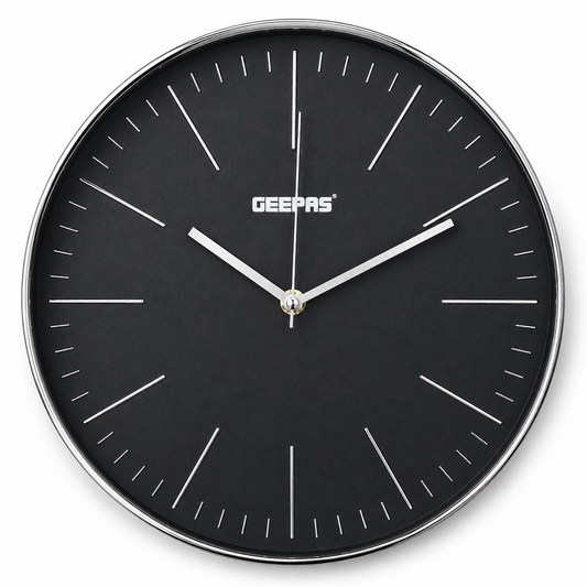 Geepas Modern Wall Clock 30cm – Minimalist Black Dial with Silver Markers