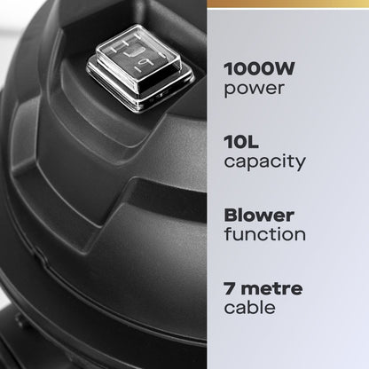 Daewoo 10L Black Wet & Dry Cylinder Vacuum Cleaner, 1000W